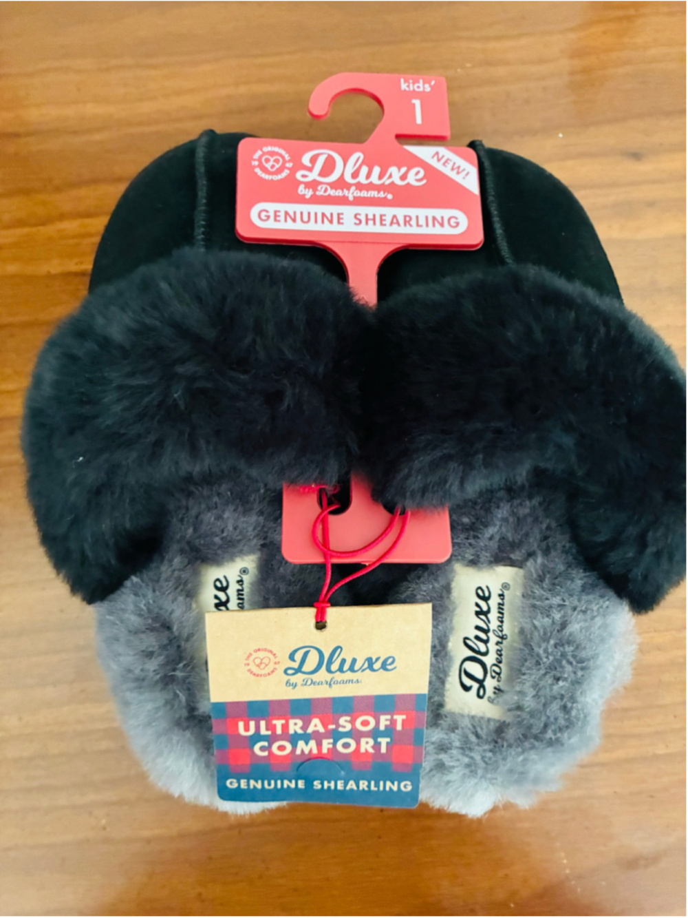 Girls Dluxe by Dearfoams Slippers Size 1 Black Grey Genuine Shearling New